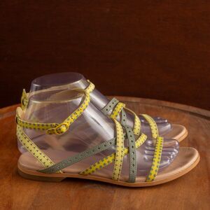 Camper Twins Leather Ankle Strap Flat Sandal Shoes Womens EU SZ 37 US 7 Yellow